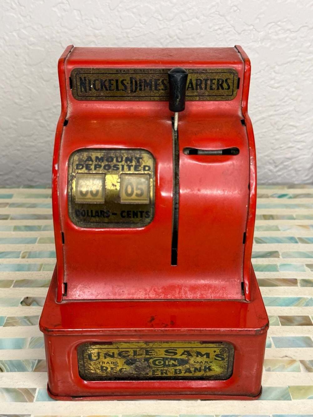 Uncle Sam's 3-Coin Register Bank Red Metal Toy